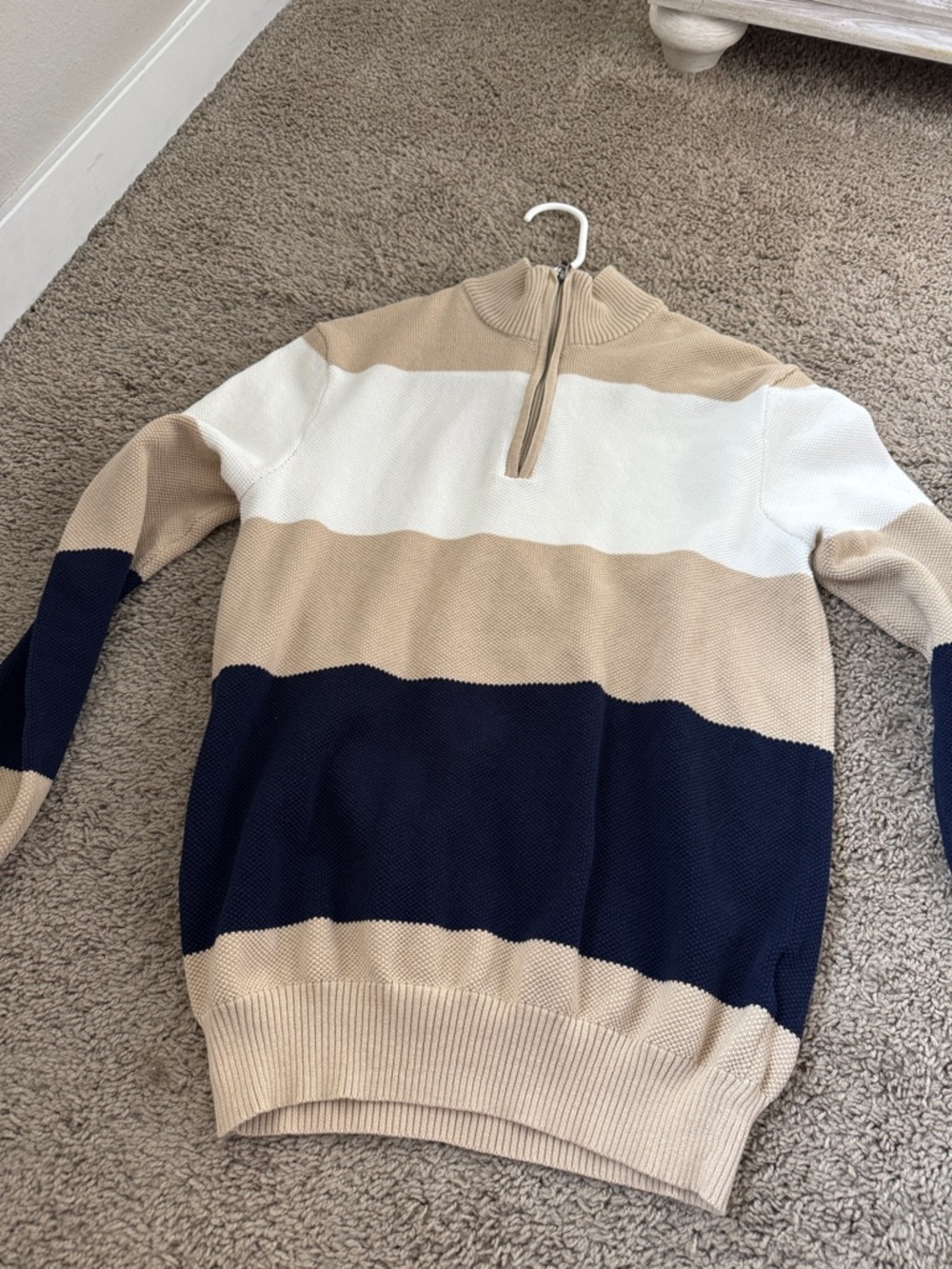 Club Room Beige, White & Navy Striped Half-Zip Pullover